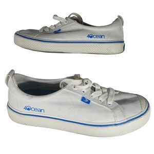 4Ocean White Canvas Sneakers Womens US‎ 8.5  Blue Accent Casual Shoes